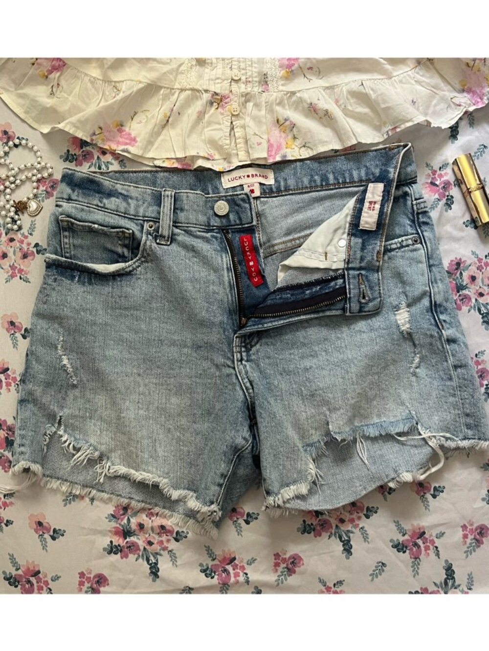Lucky Ripped Shorts w/ Red Embroidered Tag